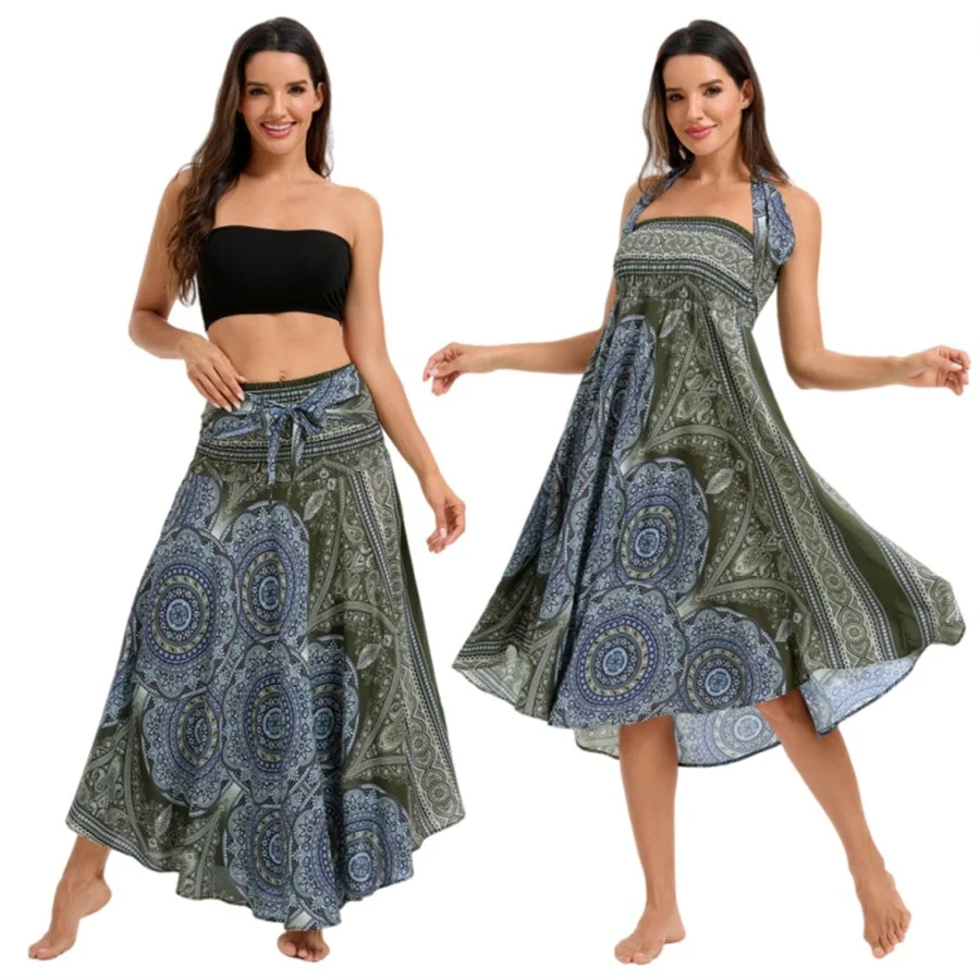 Damen Boho-Kleid aus Rayon, Atmungsaktiv, Weich, Sommerliches Bohemian Langes Kleid, Strandkleidung, Urlaub, Elastische Taille, Bandage-Neckholder, Hippie-Kleid – Detail 11
