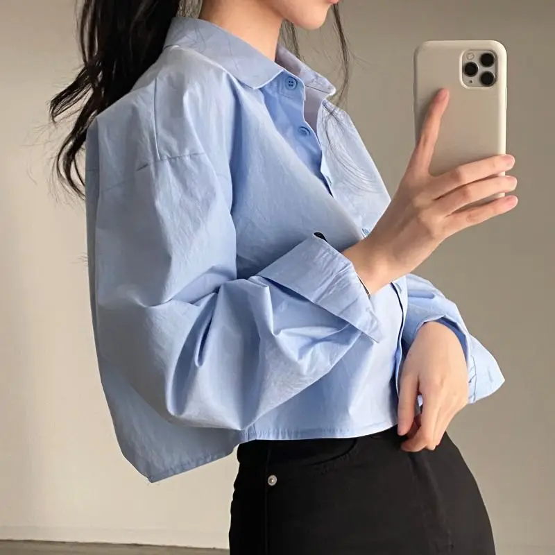 Shirts Women Korean Style Simple Baggy Solid All-match Long Sleeve Chic Crop Tops Elegant Leisure Trendy S-3xl Comfort Spring