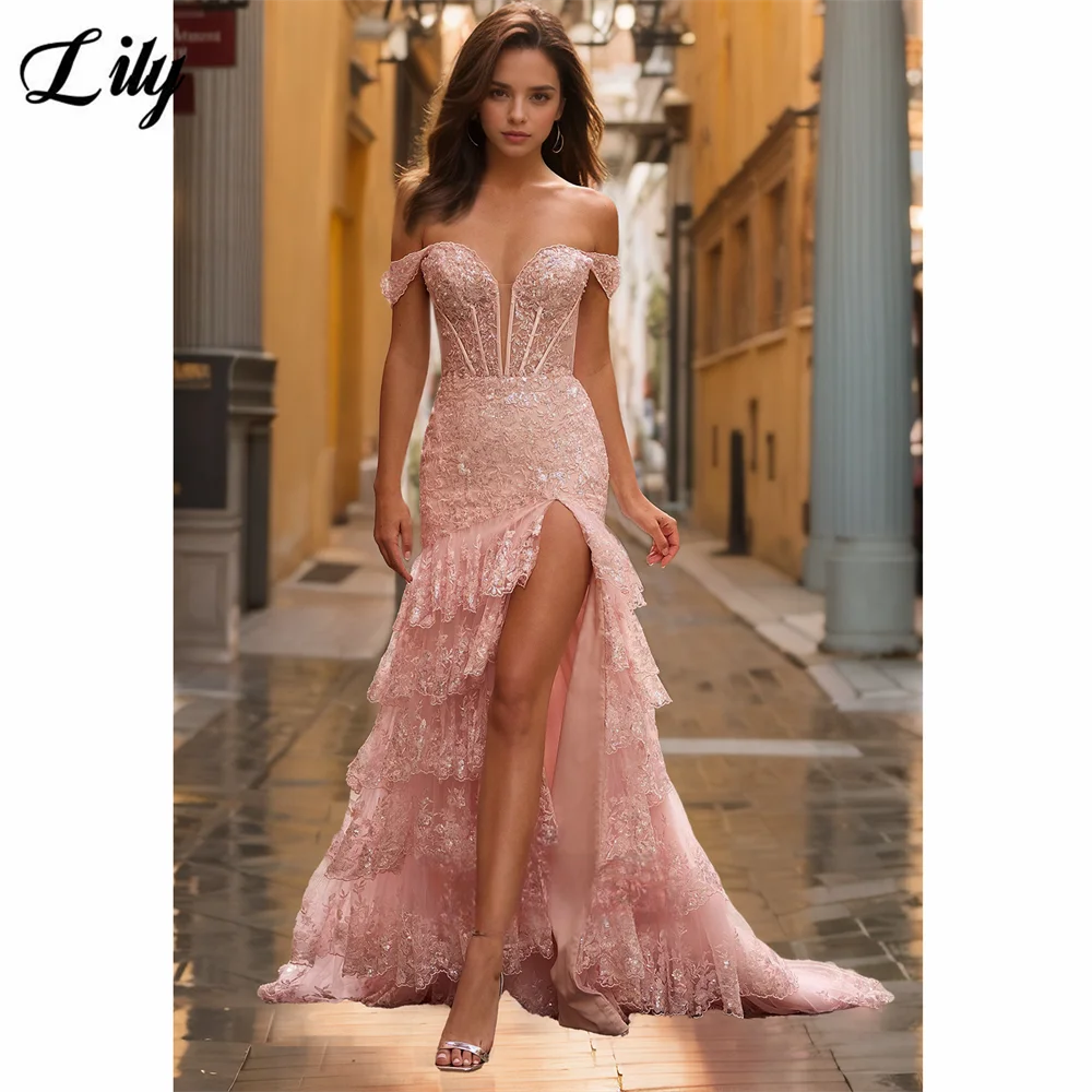 

Lily Glamorous Pink Party Dress Off Shoulder Multi Layered Formal Gown with Appliques Sequin Lace Overlay High Slit Customized