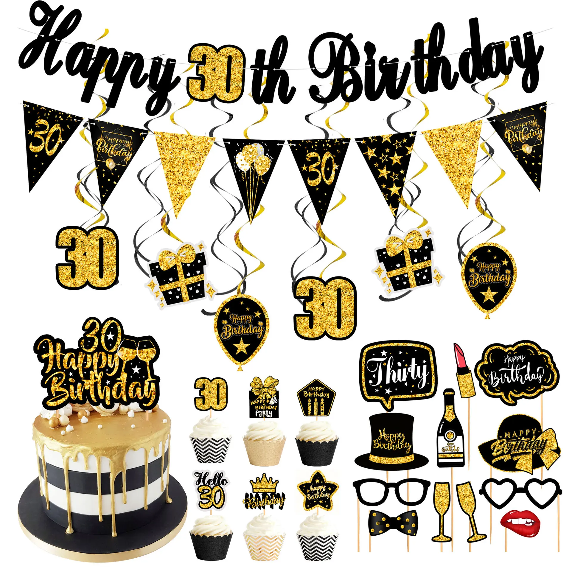 1Set 30 40 50 60 Years Birthday Decor Black Gold Banner Garland Cake Toppers For Adult Birthday Anniversary Supplies