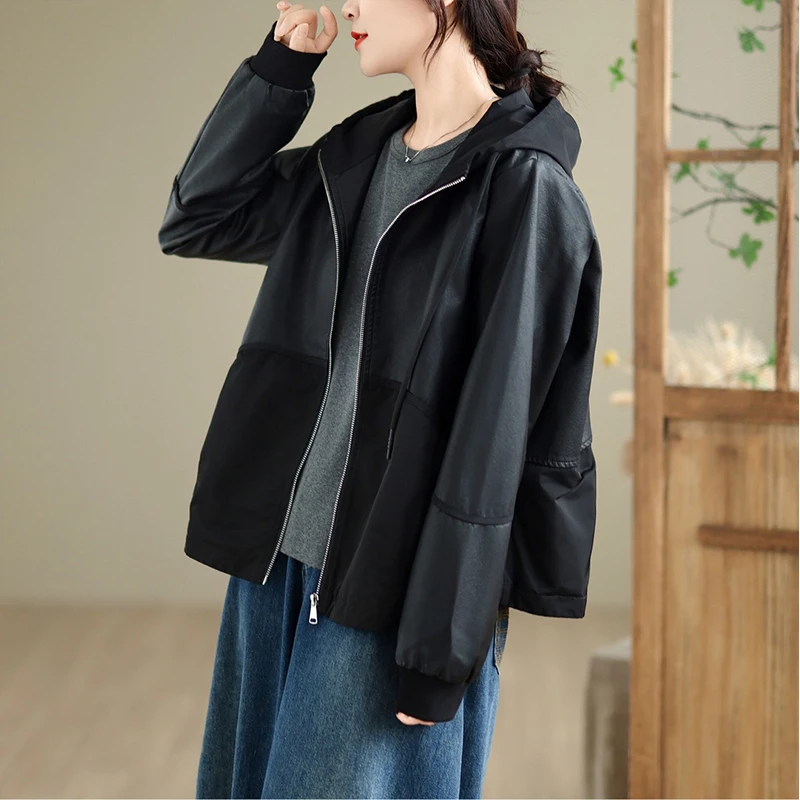 Masss Wasss 2025 Moda donna Patchwork con cappuccio PU Giacche Donna Capispalla allentato Casual Cappotti in ecopelle Giacche a vento vintage