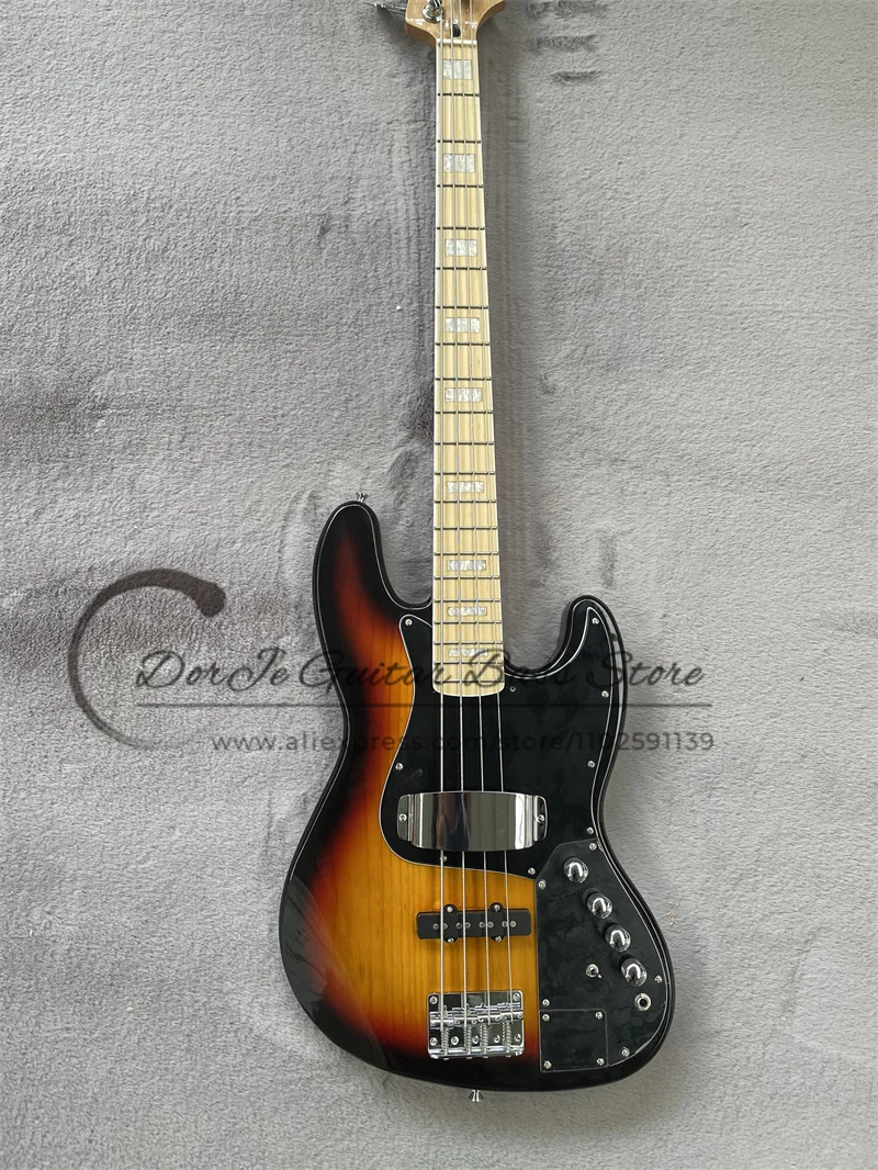 

4 Strings Electric Bass Guitar Sunburst ASH Wood Body Big Pickguard Maple Fingerboard Pearl Inlay Fixed Bridge Active Battery