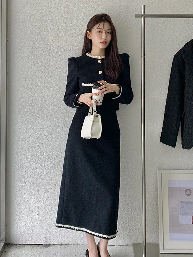 New Korean Fashion Formal 2 Piece Outfit Women Ladies Mujer Elegant Short Coat Tops Jacket Outwear And Long Skirt Slim Black Set