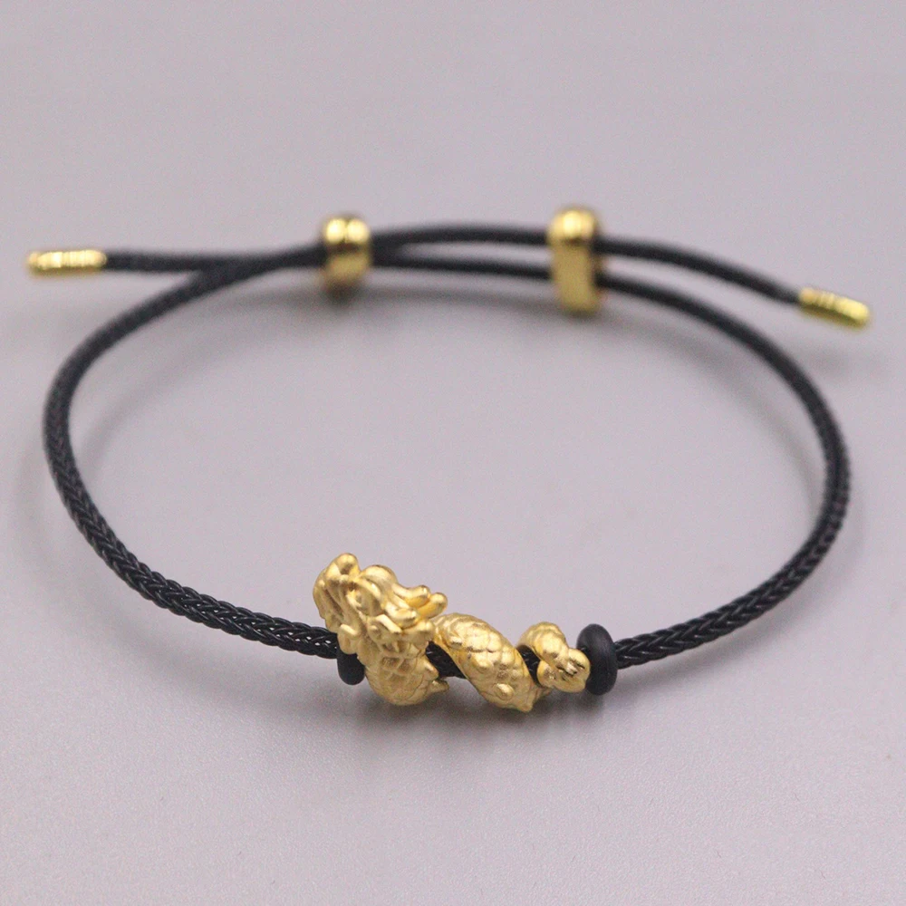 

Real 999 24K Yellow Gold 3D Circle Dragon Bead Black Bracelet For Women