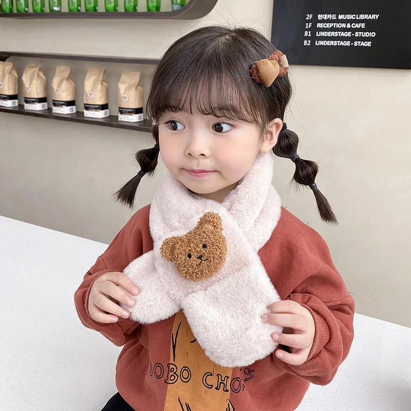 

Winter Children Plush Scarf Cartoon Bear Kids Cross Scarves Soft Imitation Rabbit Fur Neckerchief 1-12year Boys Girls Neck Warm