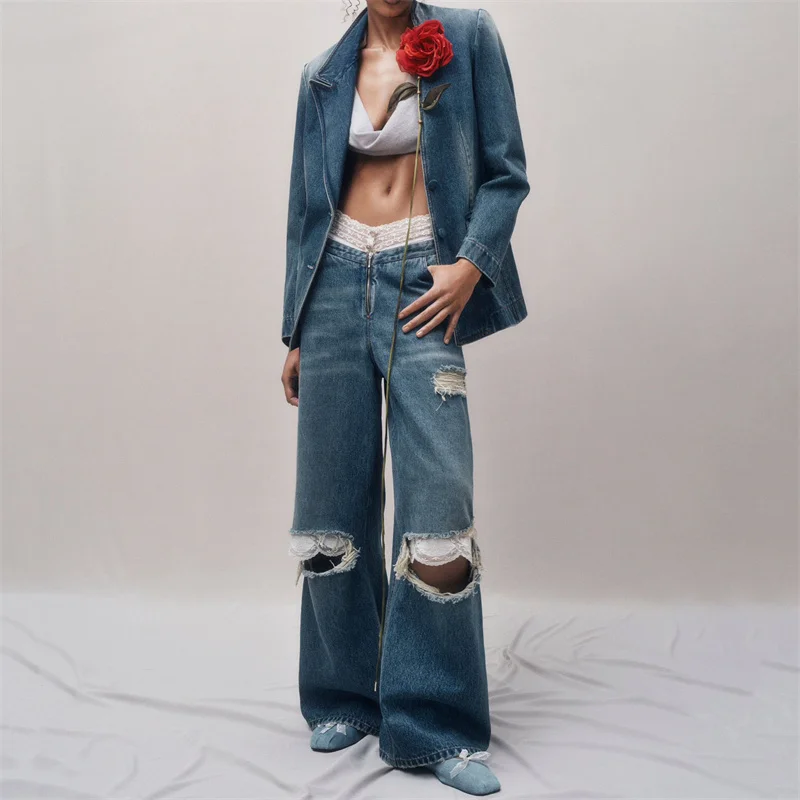 

Women's pants 2024 Spring New Lace Spliced Women's Jeans Cotton denim low waisted wide leg pants Vintage Distressed trousers y2k