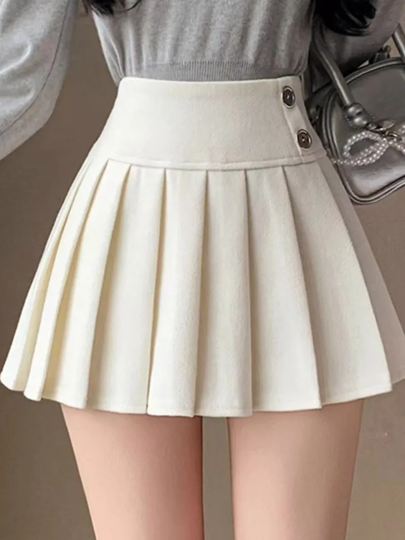 High Waist Pure Color Pleated  Skirt A-Line Female Spicy Girl Half Body Autumn Winter New Arrival Korean Style Commute