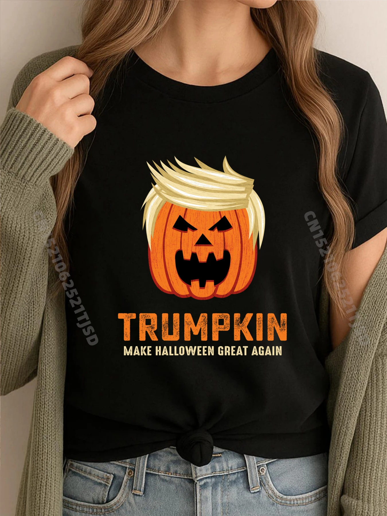 

Хэллоуин Трампкин Забавные графические футболки Женская негабаритная женская одежда Иллюстрация