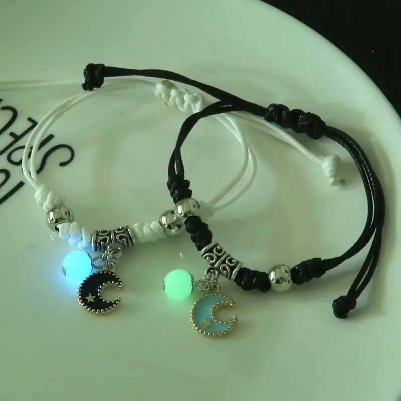 2PCS Fashion Luminous Beads Star Couple Bracelet for Women Men Charm Cat Flower Heart Moon Love Matching Friend Bracelet Jewelry