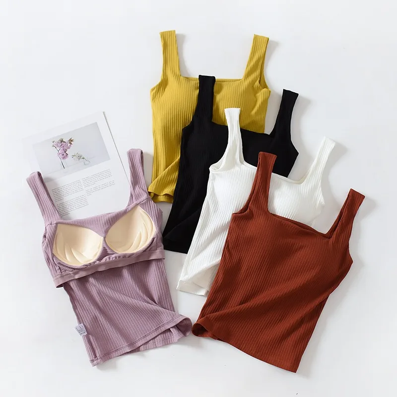 Ribbed Women's Camisole Square Neck With Padded Bust Sleeveless Undershirt Solid Color Outerwear Concealing Side