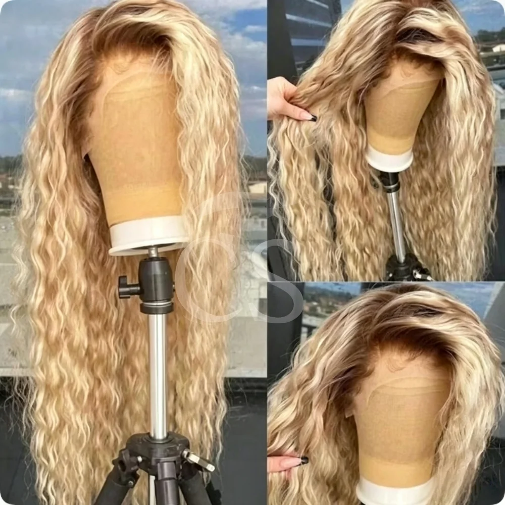 女性用ソフトグルーレスオンブレブロンド縮れ毛ウィッグ26インチロング180密度プレプラッキング済み合成レースフロントベビーヘア付きdサイズ用