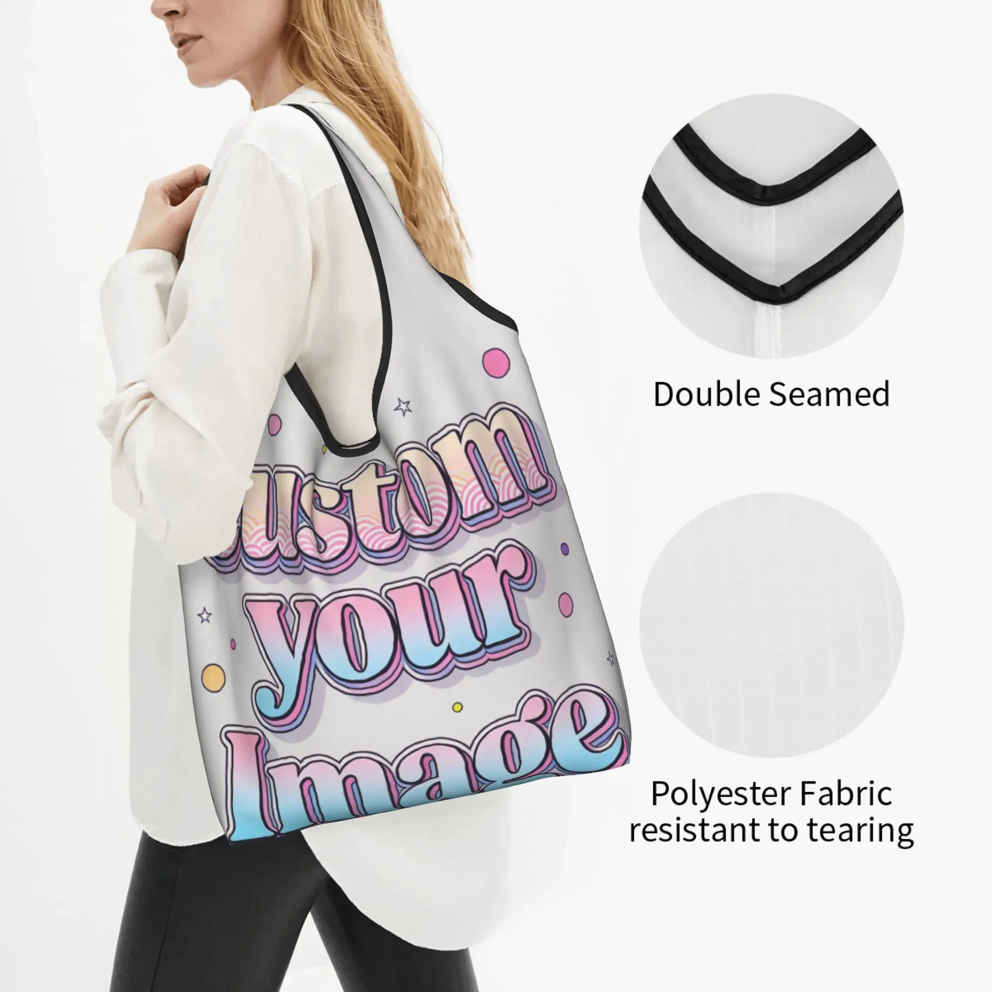 Custom Your Photo Logo Text Groceries Shopping Tote Bag Women Personalized Image Shoulder Shopper Bag Big Capacity Handbags