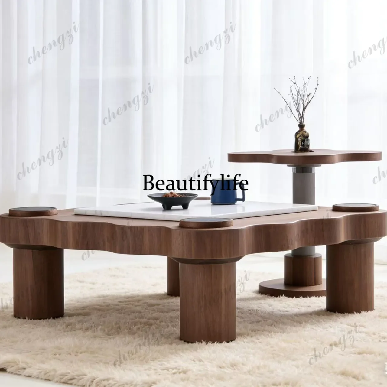 Modern minimalist wabi sabi mid-ancient style irregular wooden wave coffee table combination designer living room coffee table