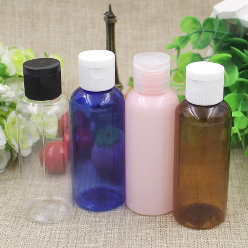 Botella de plástico con tapa abatible de 50ml, loción cosmética vacía de 50g para uso en viajes, contenedor recargable, rosa, azul y marrón
