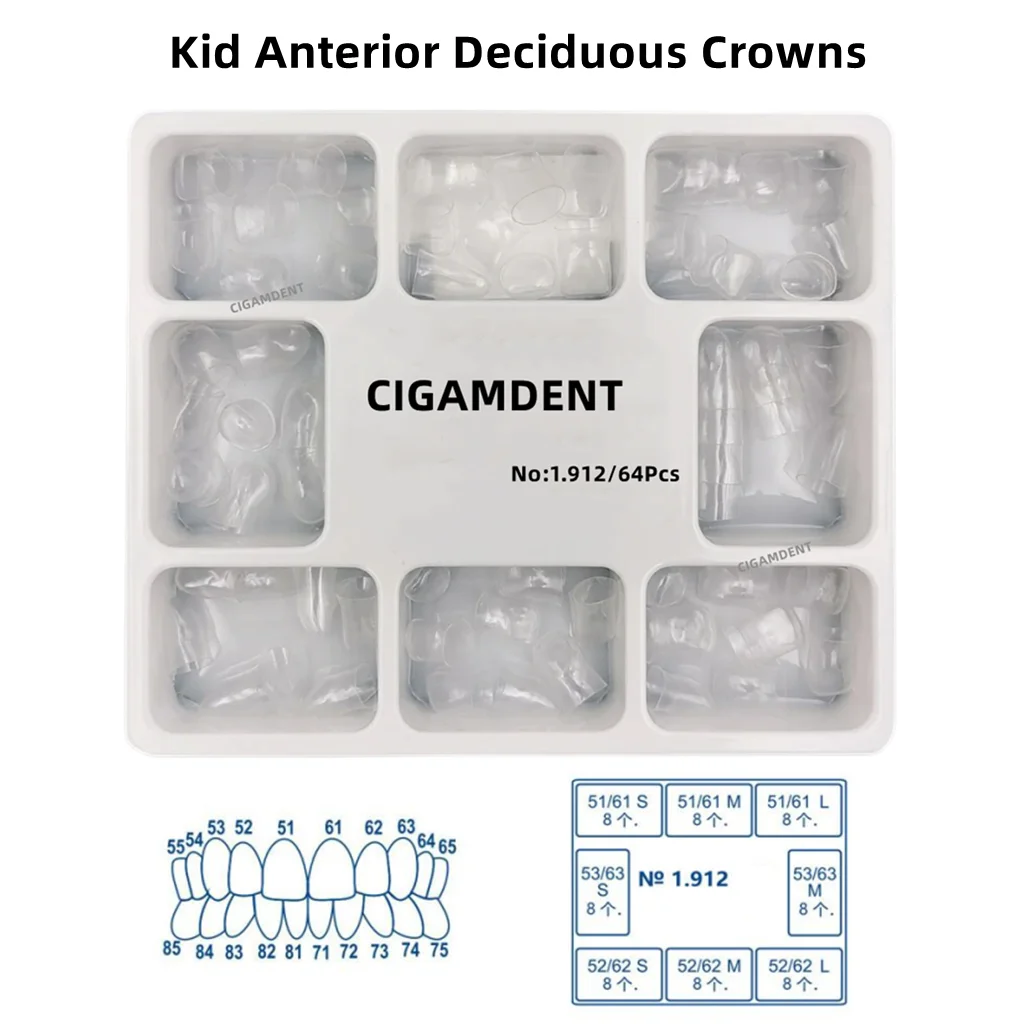 64 pcs/box Dental Transparent Crown Children Anterior Posterior Complete Temporary Preformed Pre-crown Matrices Matrix 1.912