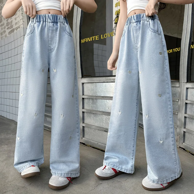 

Girls' Jeans 2025 Summer New Teenager Children Foreign Style Love Ice Silk Jeans Children's Summer Thin Straight Denim Trousers