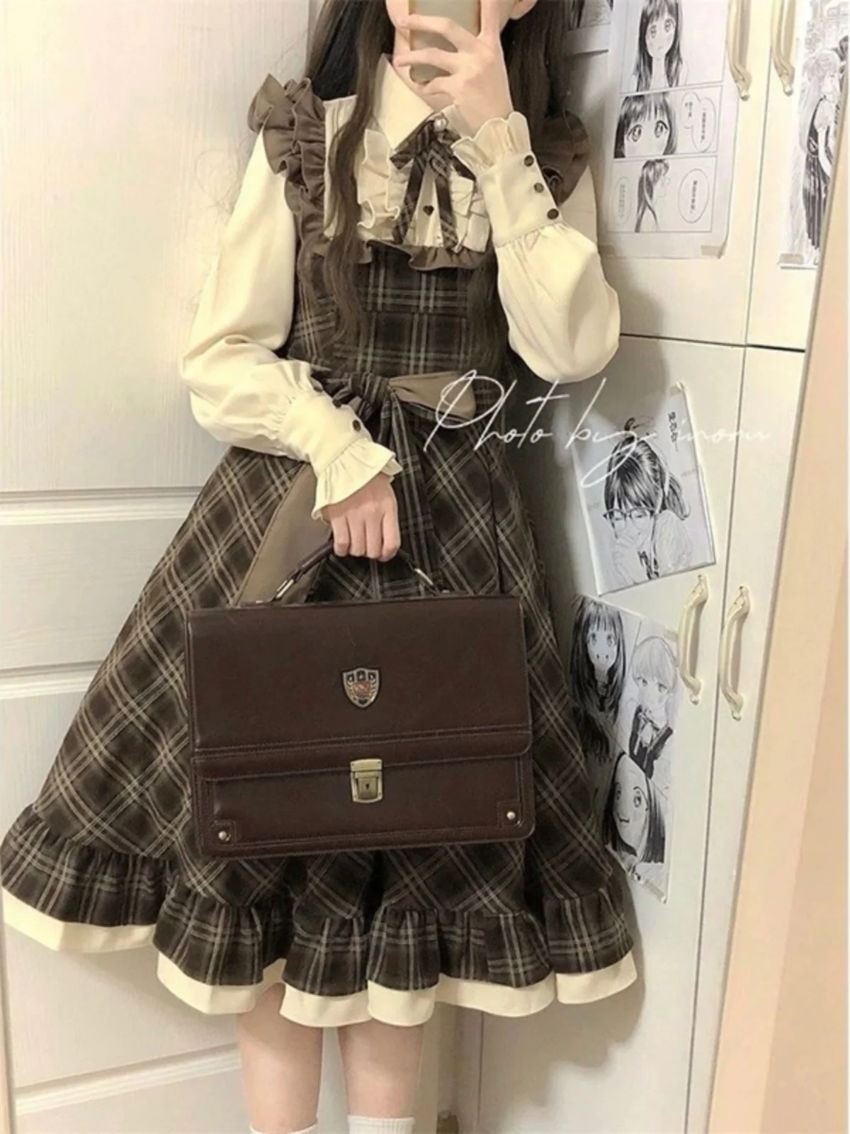 Sukienka Coalfell w stylu vintage, w kratę, z długim rękawem, jesienno-zimowa, w stylu Lolita, w stylu college, imitacja dwuczęściowej koszuli i spódnicy, słodka długa sukienka.
