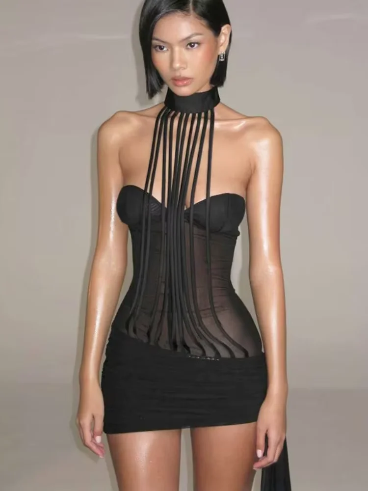 

Women Sexy Mesh Patchwork Halter Dress Sleeveless Off-shoulder Backless Bodycon Mini Dresses Lady 2026 Fashion Highstreet Gown