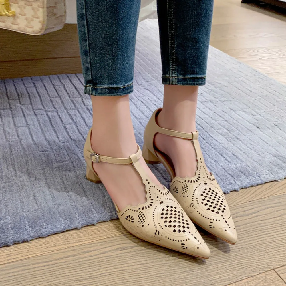 

Women's Sheepskin Hollow-out Narrow Band T-strap Sandals 4cm Thick Med Heel Casual Female Daily Pumps Elegant Ladies Slim Shoe