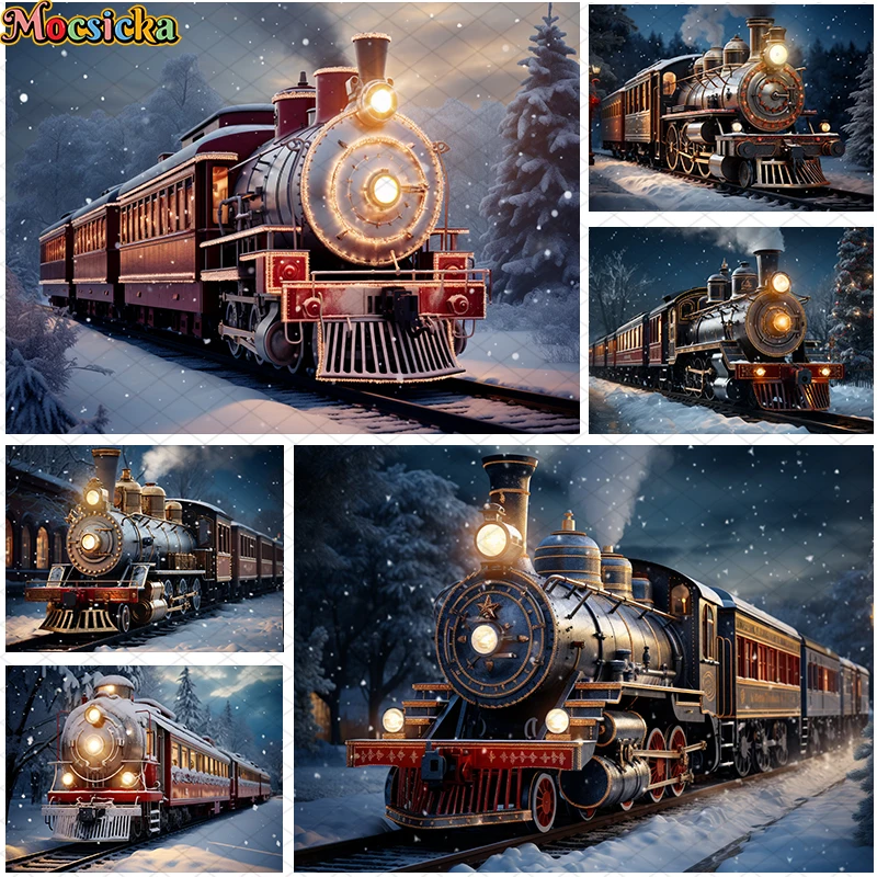 Winter Snow Christmas Fairy Tale World Photography Backdrops Train Pine Tree Santa Claus Photocall Kids Background Photo Studio