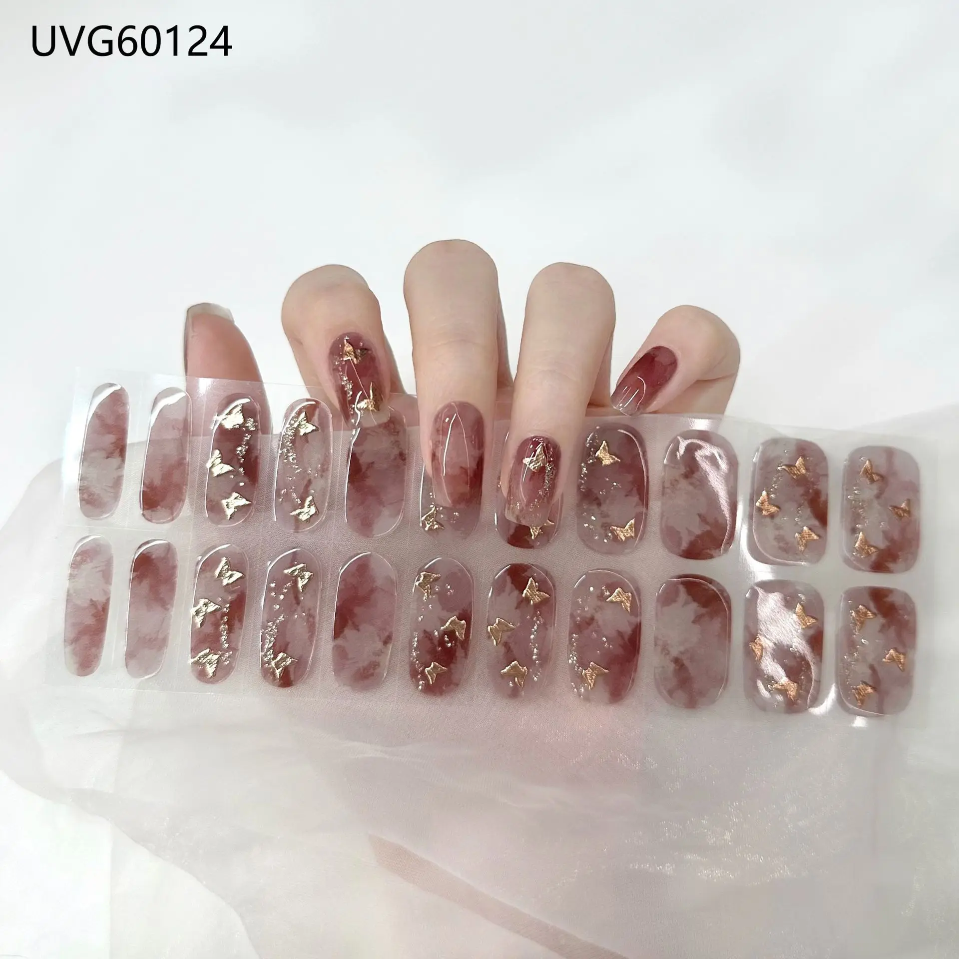 Pearl Aurora Pink Glitter Semi Cured Gel Nail Strip Sticker UVLED Lamp Cured Aurora Nail Gel Polish Wraps Full Cover Nail Decals