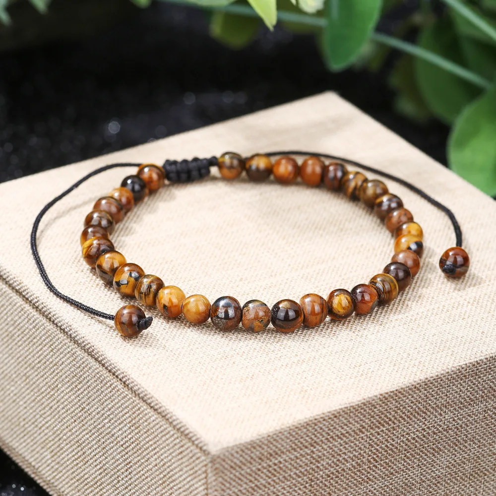 Bracelet en pierre naturelle pour hommes, 4mm/6mm, nœud tissé à la main, yeux de tigre réglables, Onyx, lave, méditation, petit ami, bijoux cadeau