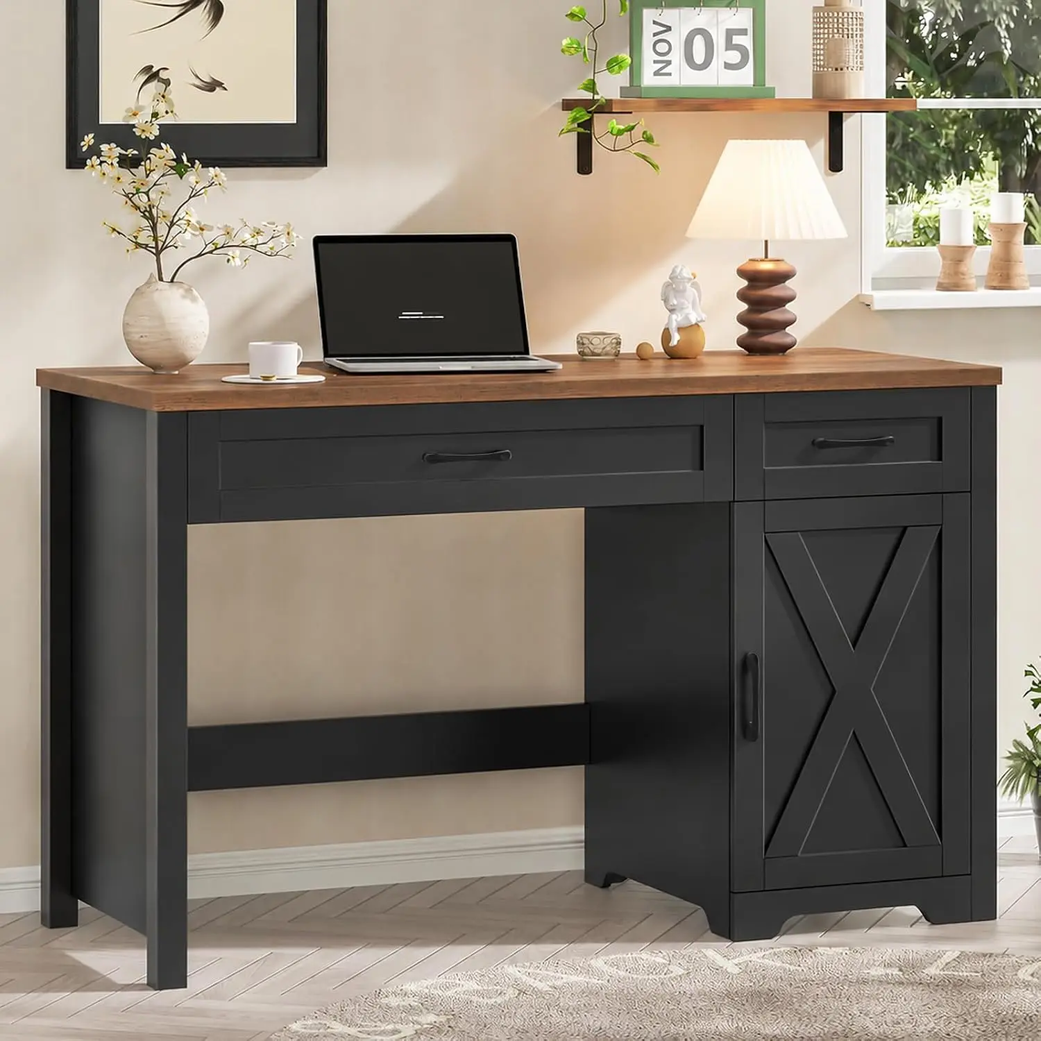 Executive Desk with Storage Cabinet, Office Computer Workstation, Black Brown, Customized