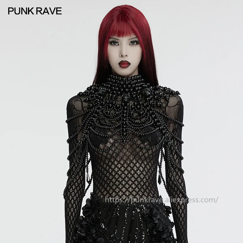 PUNK RAVE Women's Gothic Skull Beaded Neck Cover Multi Layers Hand Woven Pearl Luxurious Noble Elegance Halloween Accessories view 2
