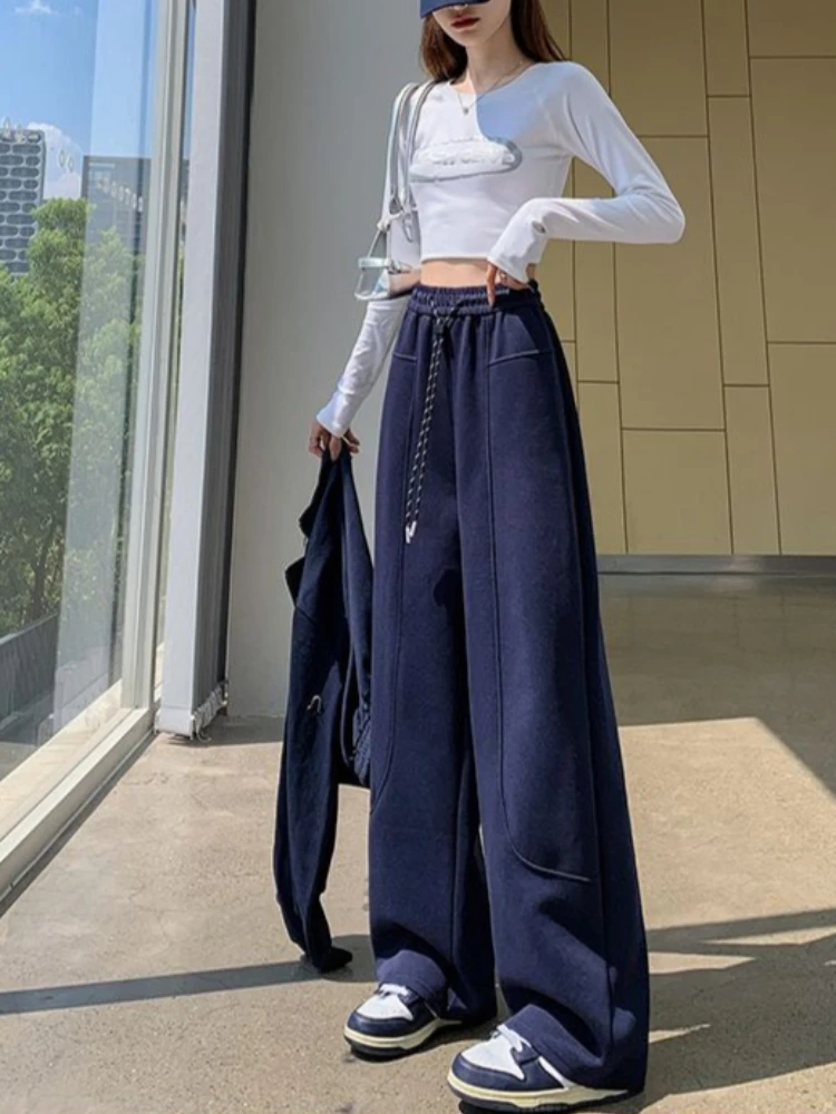 女性用ワイドレッグパンツ,スリム,伸縮性ウエスト,シンプル,オールマッチ,レジャー,ストリートウェア,韓国ファッション,秋,学生向け