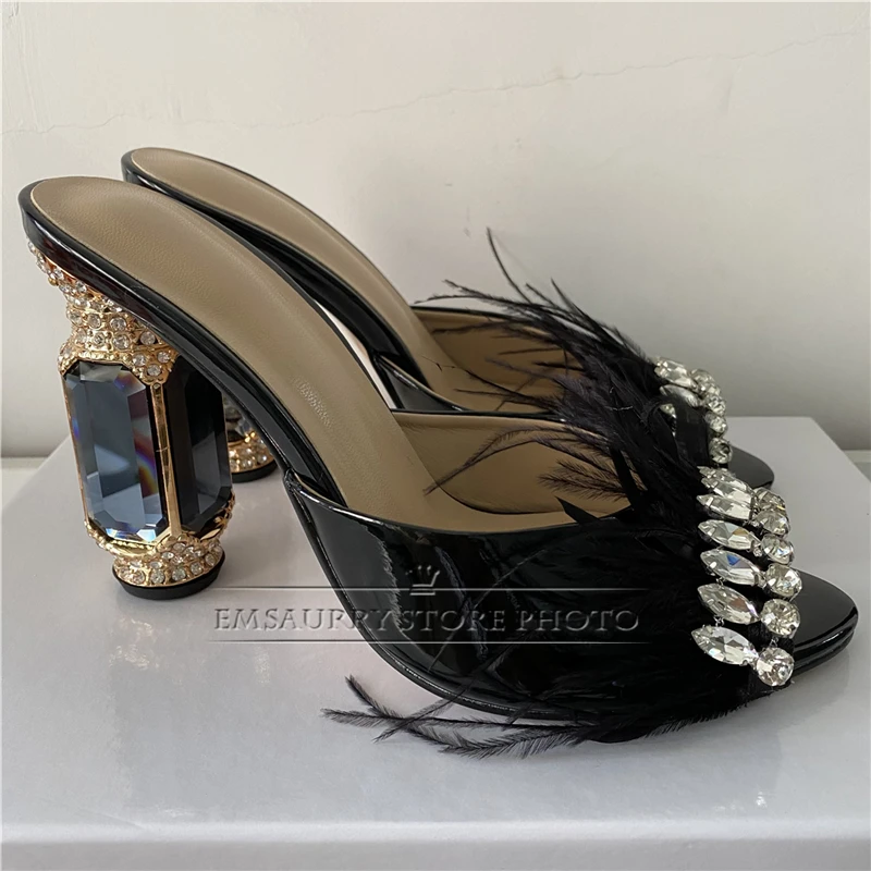 Jeweled Crystal Feather High Heel Sandals Women Luxury Rhinestone Diamond Heel Peep Toe Suede Shoes Woman Zapatos De Mujer