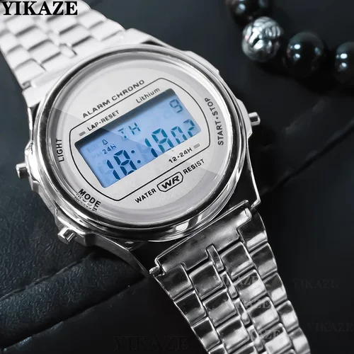 Imagen 2 del producto Reloj electrónico LED informal para mujer, reloj de pulsera Retro de acero inoxidable para hombre y mujer, reloj Digital LED multifunción resistente al agua