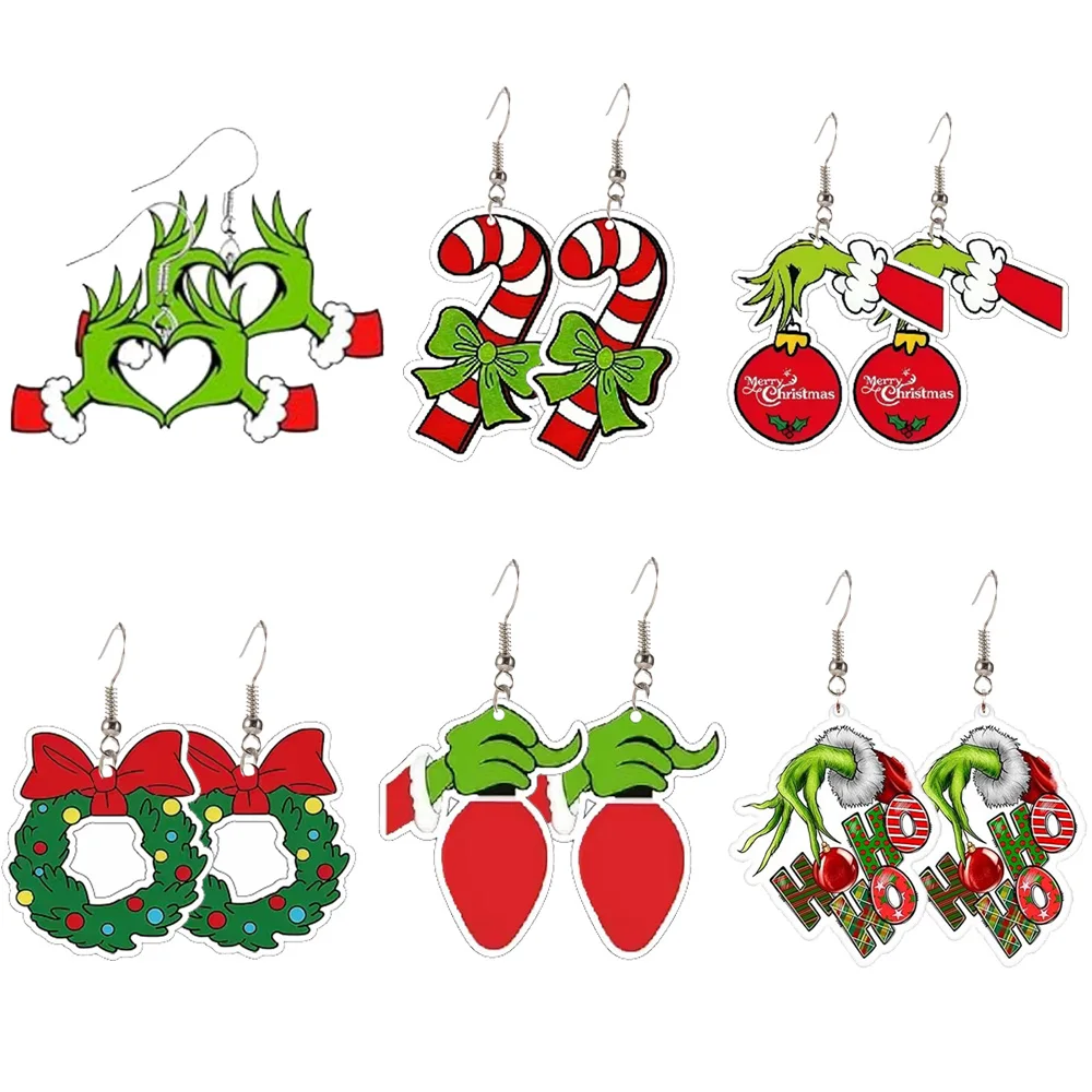 6 pairs Christmas Acrylic Green Earrings Merry Christmas Letter crutch Gesture Bowknot HO Party Atmosphere Party Decoration Set