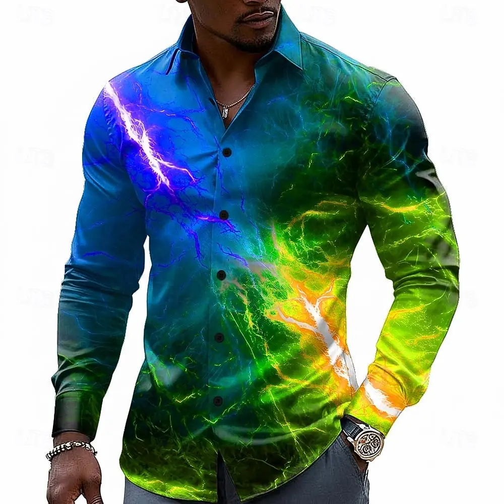 2026 Chemise pour homme à motif d'illusion optique et de couleurs éclatantes, chemise boutonnée, décontractée, à manches longues, mode décontractée, streetwear, vacances