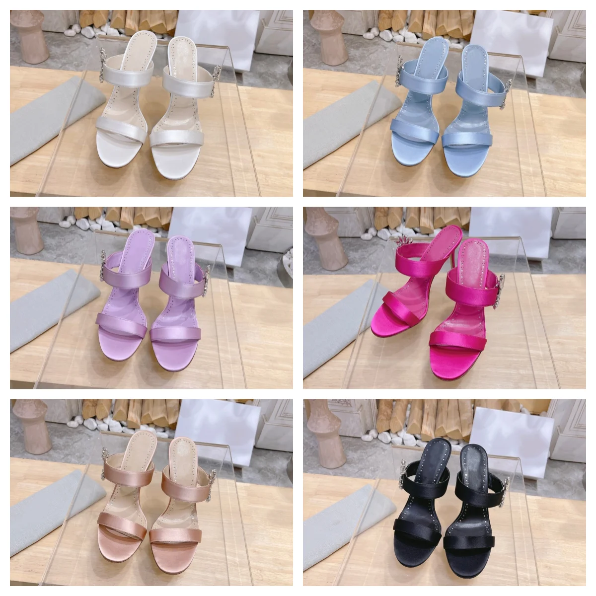 

Summer new satin fashionable slim heeled sandals with rhinestone buckle and exposed toe high heels for women