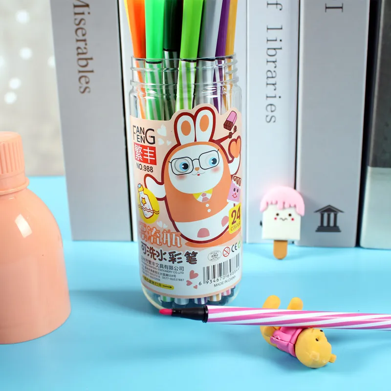 12/18/24/36 Colors Cartoon Washable Watercolor Pen Set Students Art Supplies with Creative Cute Colored Graffiti Brushes