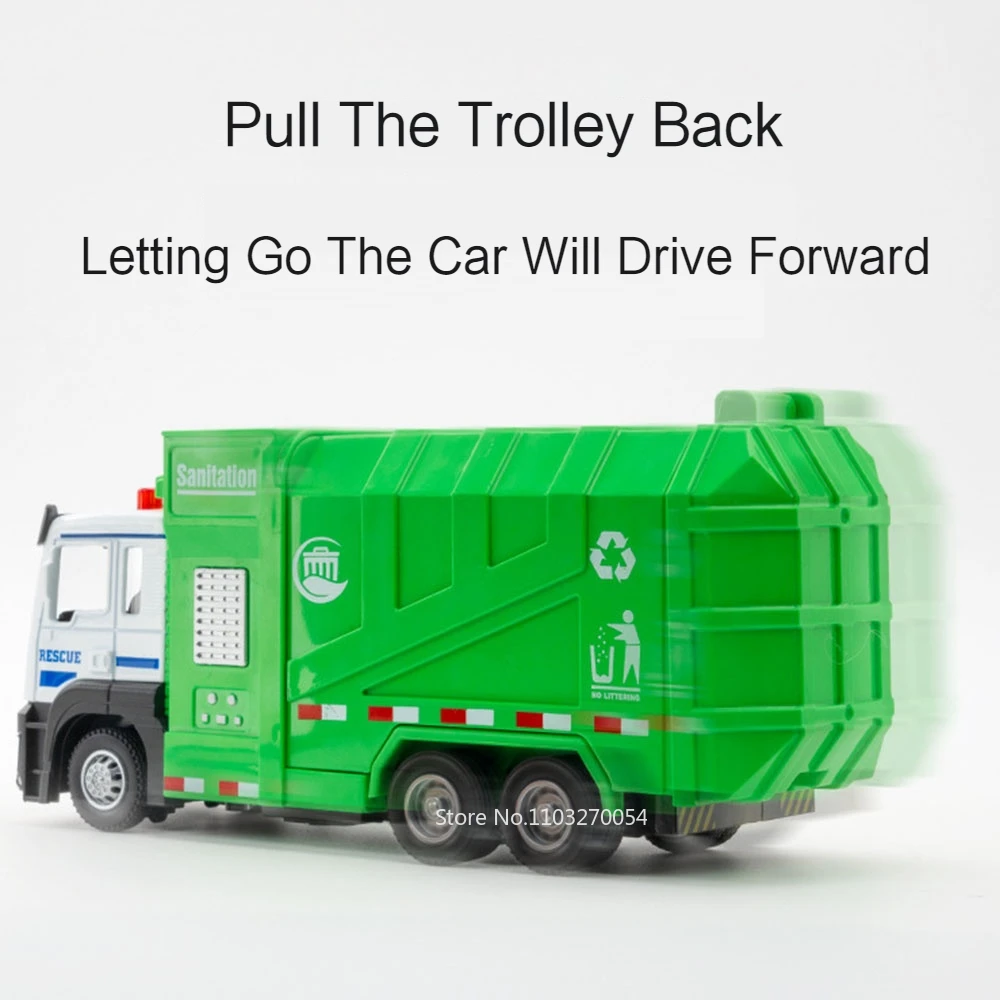 1/50 Garbage Truck Model Car Toy Alloy Diecast Engineering Dumpcart Vehicle Metal Rubber Tire Sound Light Pull Back Toy Kid Gift