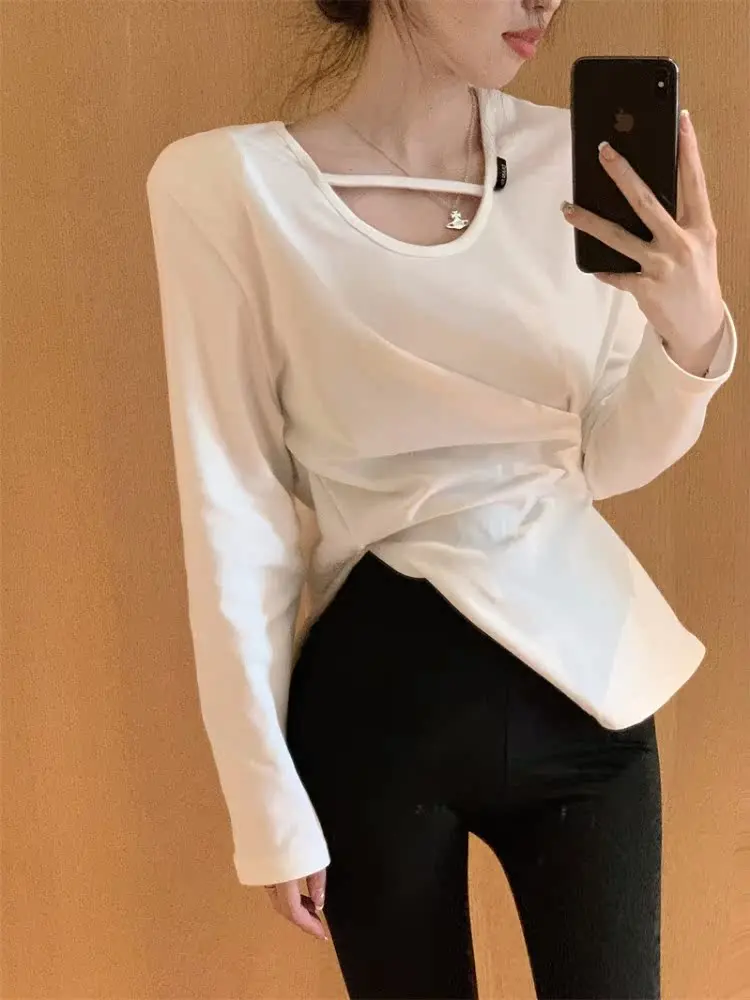

Elegant Long Sleeve U-Neck Slimming T-Shirt Women's Base Layer Shirt Unique Fashionable Inner Wear Korean Style Commute