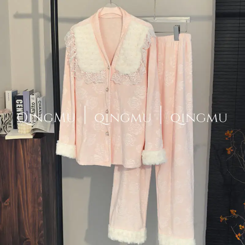 

Новый милый пижамный комплект с длинными рукавами, элитная домашняя одежда в студенческом стиле принцессы, плюшевые пижамы для осени и зимы, элегантные топы