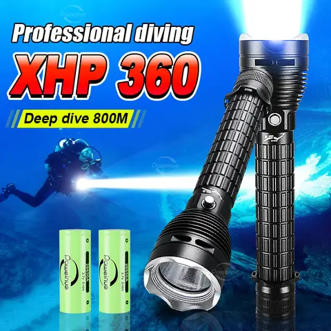 최신 XHP360 전문 다이빙 손전등 IPX8 수중 램프 고전력 LED 손전등 강력한 스쿠버 다이빙 토치 랜턴