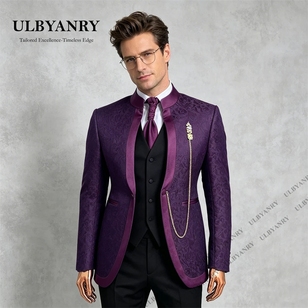 

ULBYANRY Paisley 3 Piece Suit Set for Men, Formal Tuxedo Jacket Vest Pants, Stand Collar Jacquard Jacket with Black Vest & Pants
