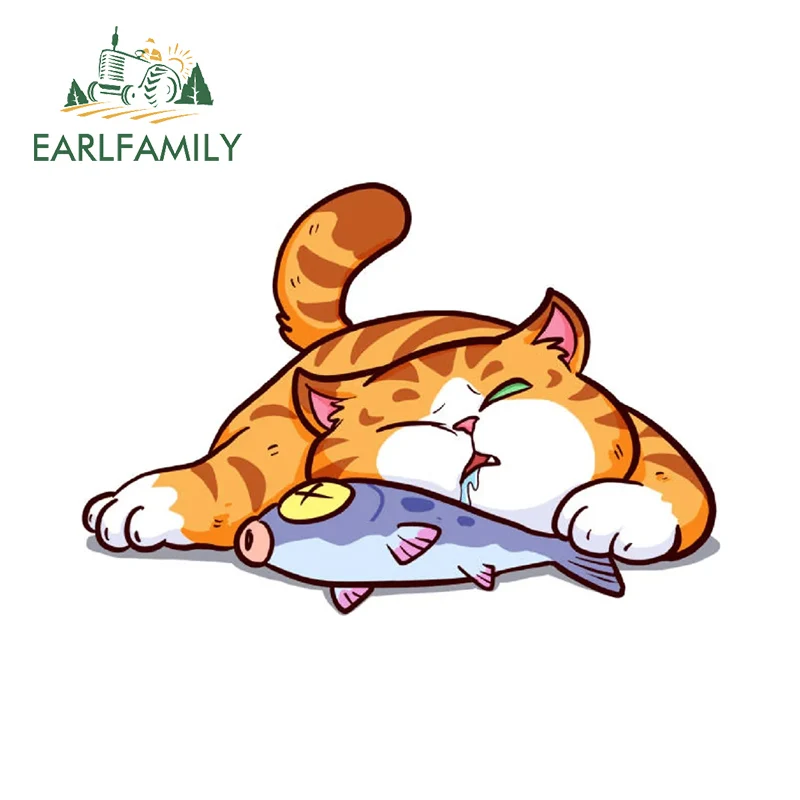 

EARLFAMILY 13cm for Luckcat Cute Kawaii Sleeping on Fish Cartoon Art Car Stickers Fashionable Simple Graffiti Decals Car Label