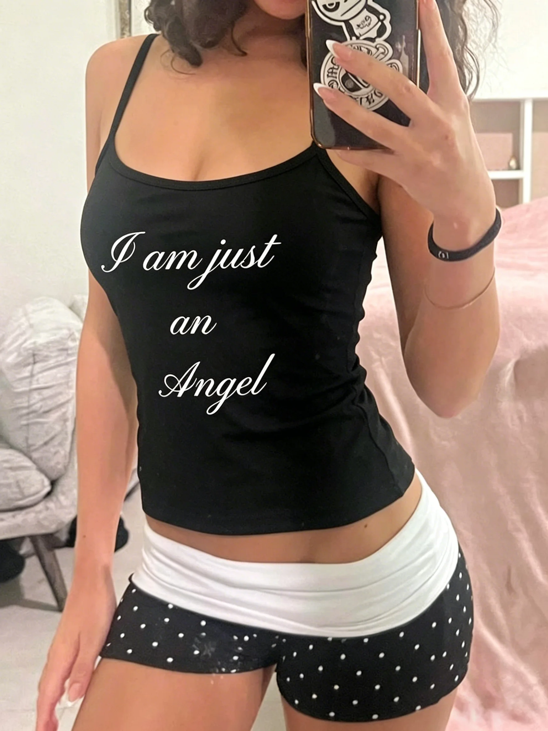 Y2K Gothic Black Cami Top I Am Just An Angel Print Slim Fit Sleeveless Tank Top E-Girl Streetwear Aesthetic Crop Top for Women