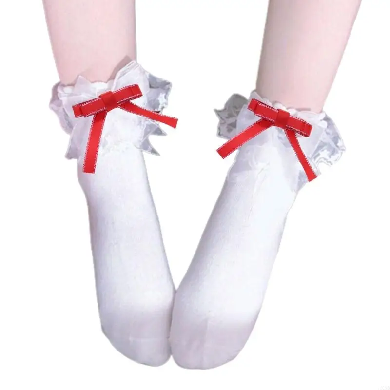 LXAD Womens Japanese Sweet Socks Ruffle Lace Top Ribbon Bowknot Ankle Socks