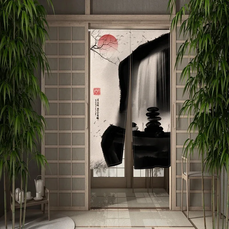 VIKAMA Ink Wash Landscape Half Curtain, Japanese Noren Screen for Dining Room Kitchen Entryway, Asian Home Decor