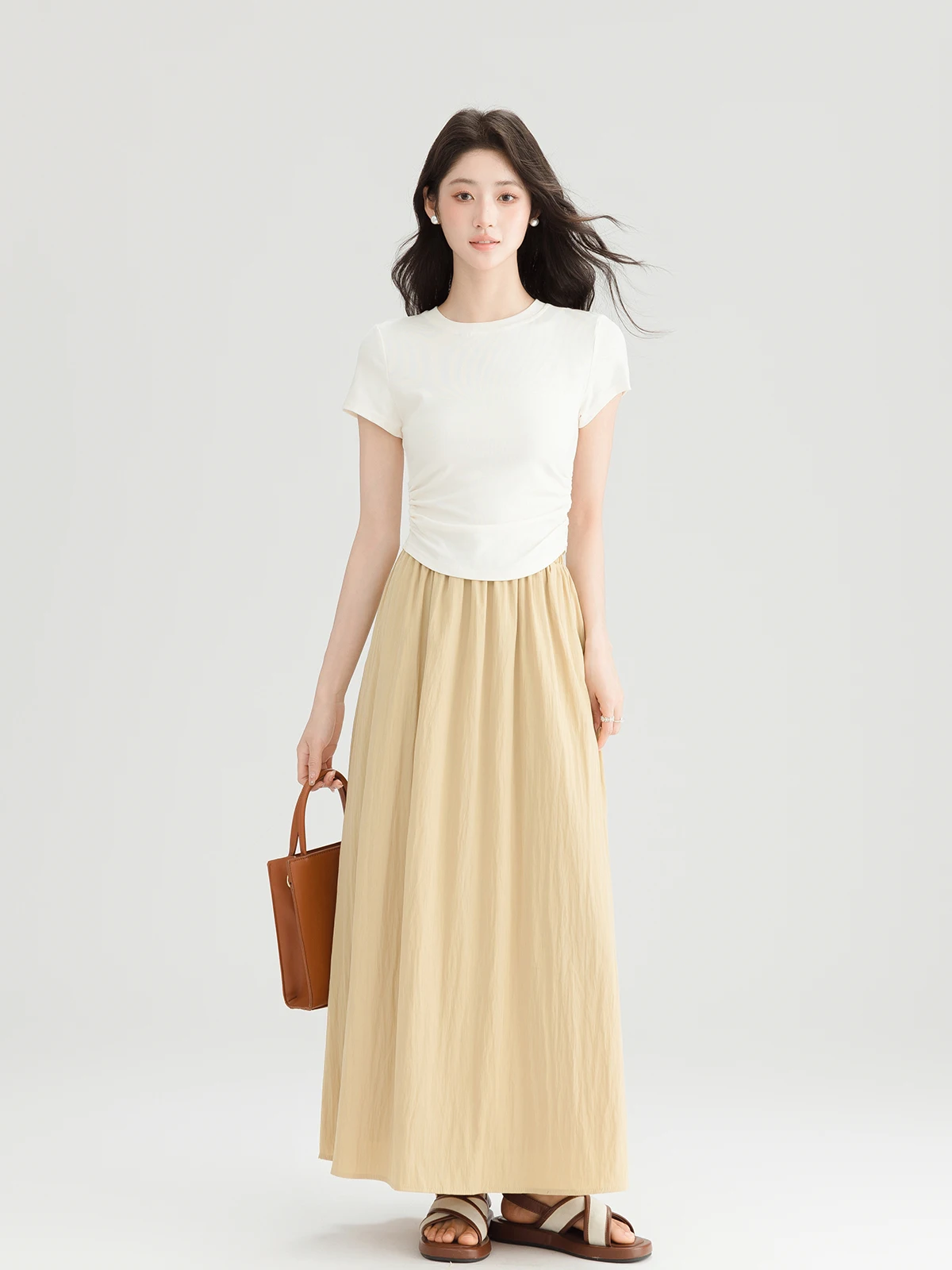 

Mening Summer New Style Shoulder High Waist round Neck Short Sleeve T-Shirt And A-Line Skirt Two-Piece Set Fashionable C...
