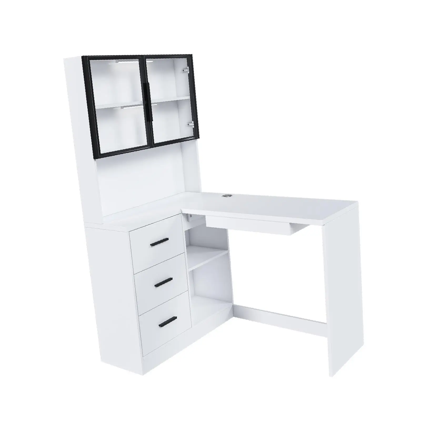 Computer Desk with Glass Cabinets & Built-In LED Lights, Corner L-Shaped
