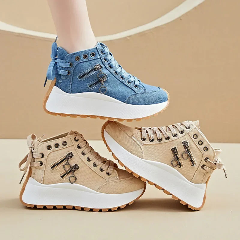 Fashion Platform Clunky Sneakers Women's Trendy Zipper Lace-up High-top Canvas Shoes Non-slip Thick-soled Casual Sports Shoes