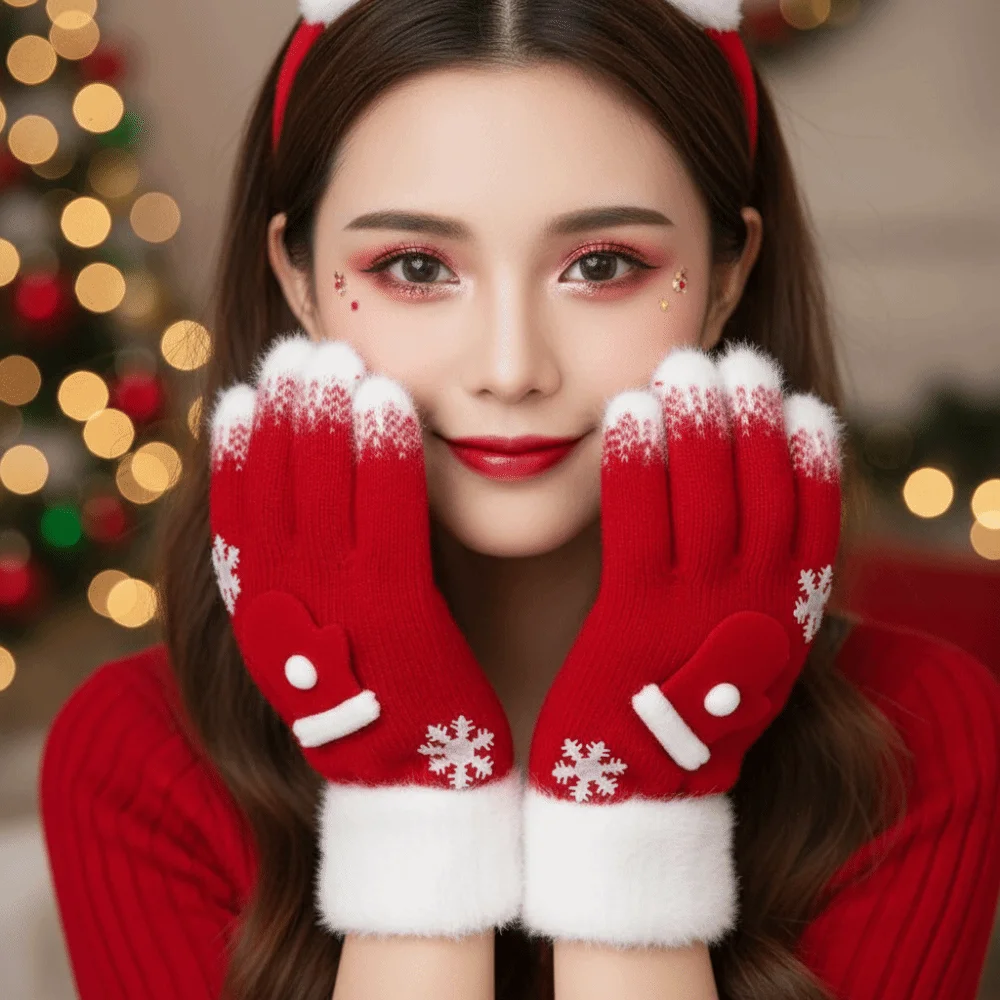 Red Green Christmas Gloves Knitted Woolen Cuff Winter Knit Mittens High Quality Double Colored Full Finger Gloves Gift Giving