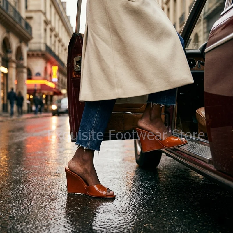 

Fashion Orange Pink Patent Leather Wedge Sandals Elegant Open Toe High Heels Summer Nightclub Party Dress Mules Big Size Shoes