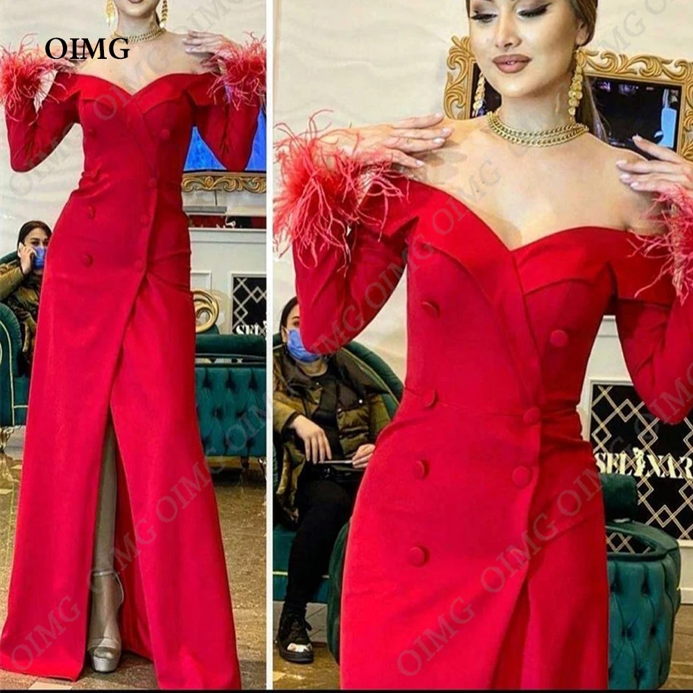 

OIMG Feather Front Slit Prom Dresses Red Off Shoulder Button Evening Gowns Full Sleeves Night Gown Custom Made Robes De Soirée